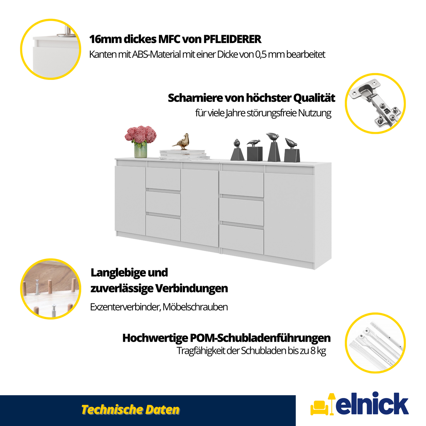 MIKEL - Kommode / Sideboard mit 6 Schubladen und 3 Türen - Wotan Eiche / Weiß Gloss