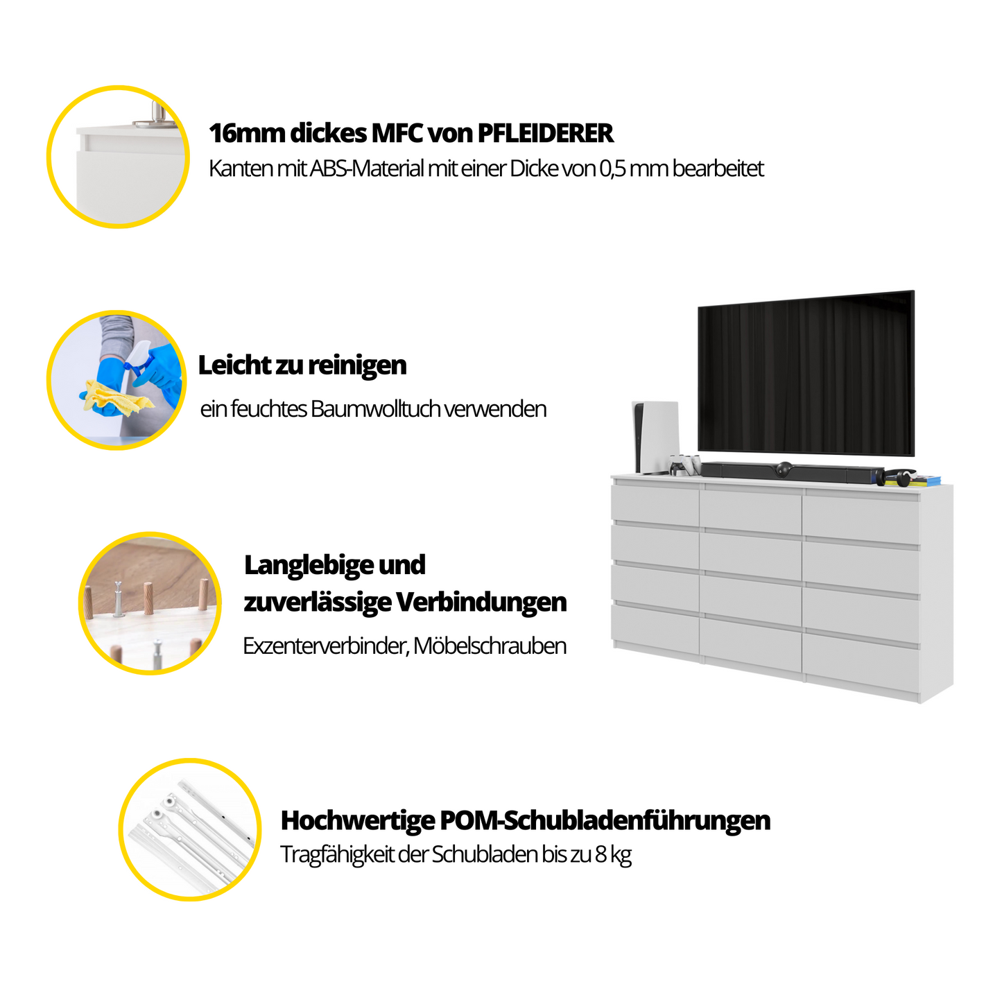 GABRIEL - Kommode / Sideboard mit 12 Schubladen (8+4) - Weiß Gloss