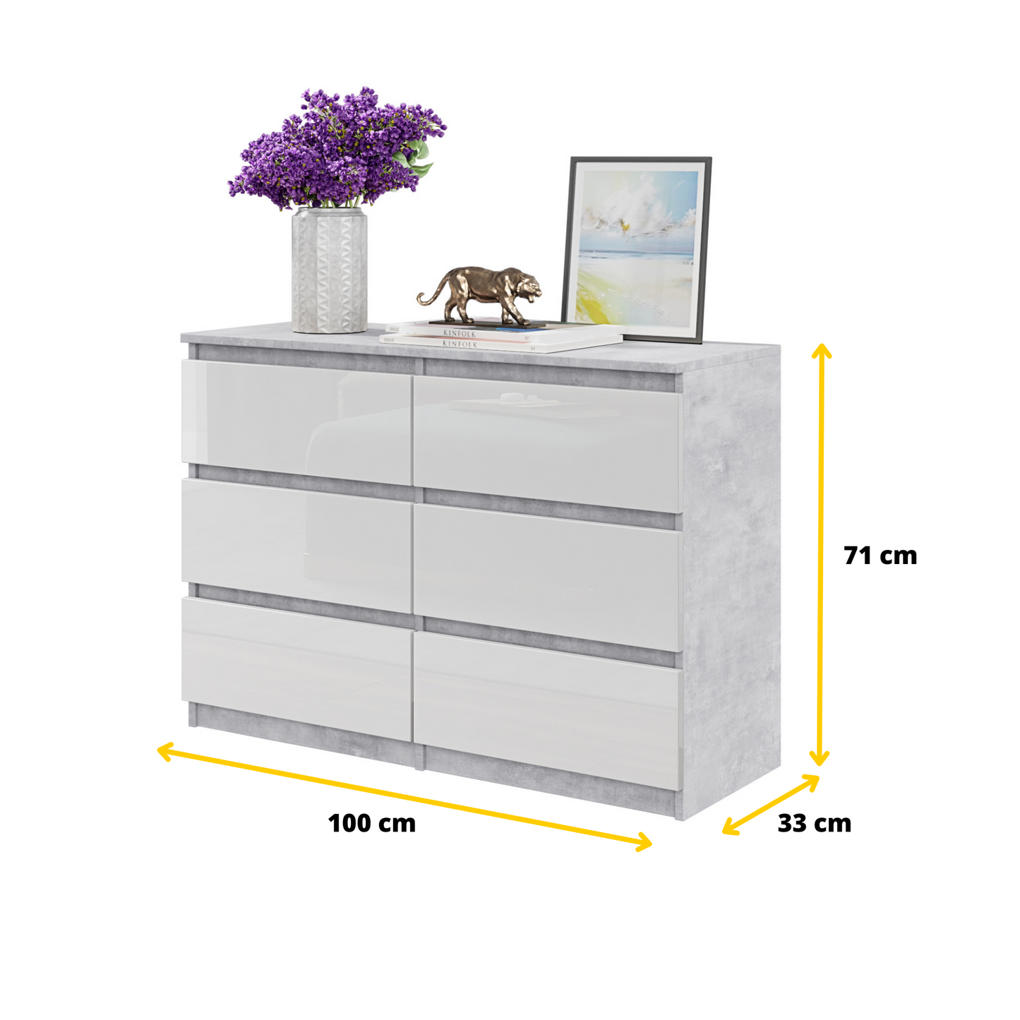 GABRIEL - Kommode / Sideboard mit 6 Schubladen - Beton-Optik / Weiß Gloss