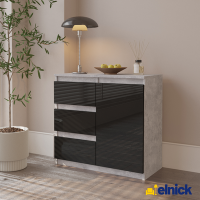 MIKEL - Kommode / Sideboard mit 3 Schubladen und 1 Tür - Beton-Optik / Schwarz Gloss