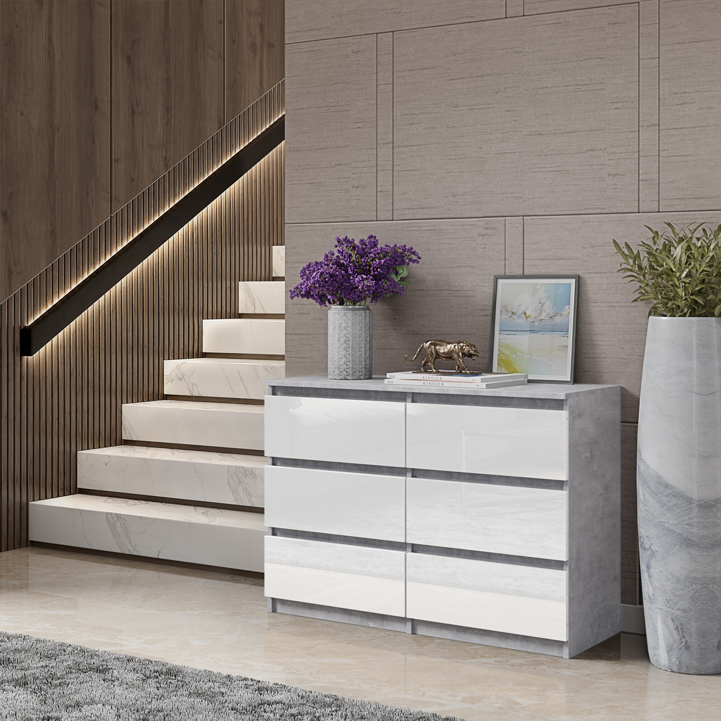 GABRIEL - Kommode / Sideboard mit 6 Schubladen - Beton-Optik / Weiß Gloss