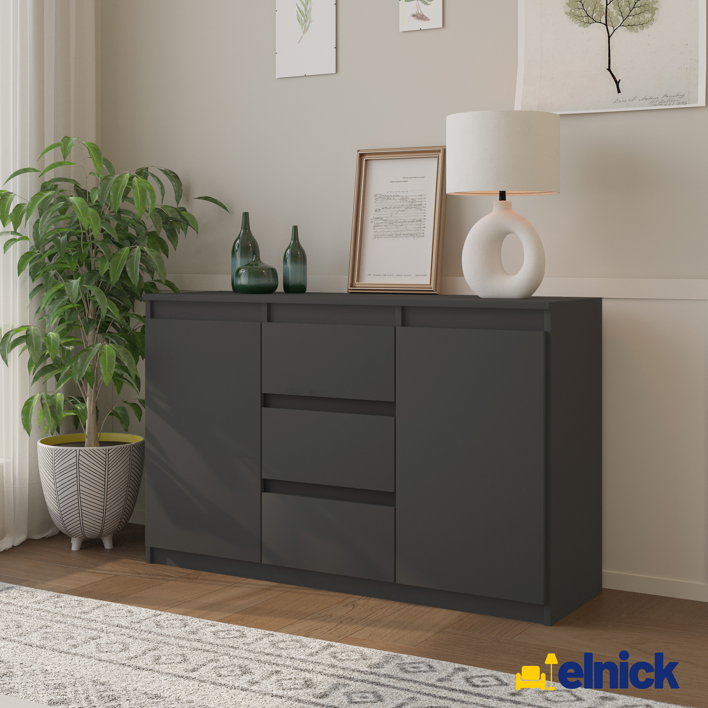 MIKEL - Kommode / Sideboard mit 3 Schubladen und 2 Türen - Anthrazit Grau