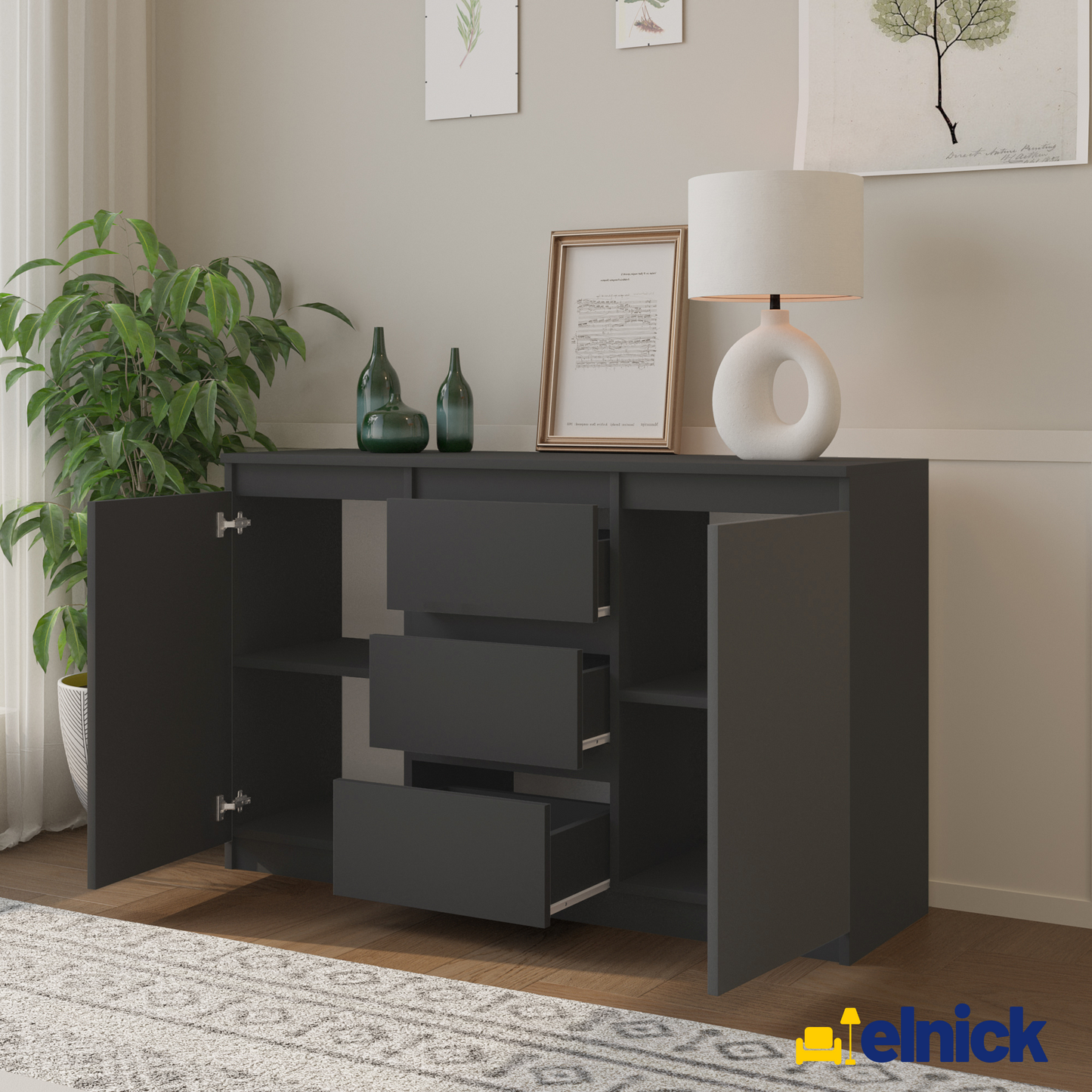 MIKEL - Kommode / Sideboard mit 3 Schubladen und 2 Türen - Anthrazit Grau