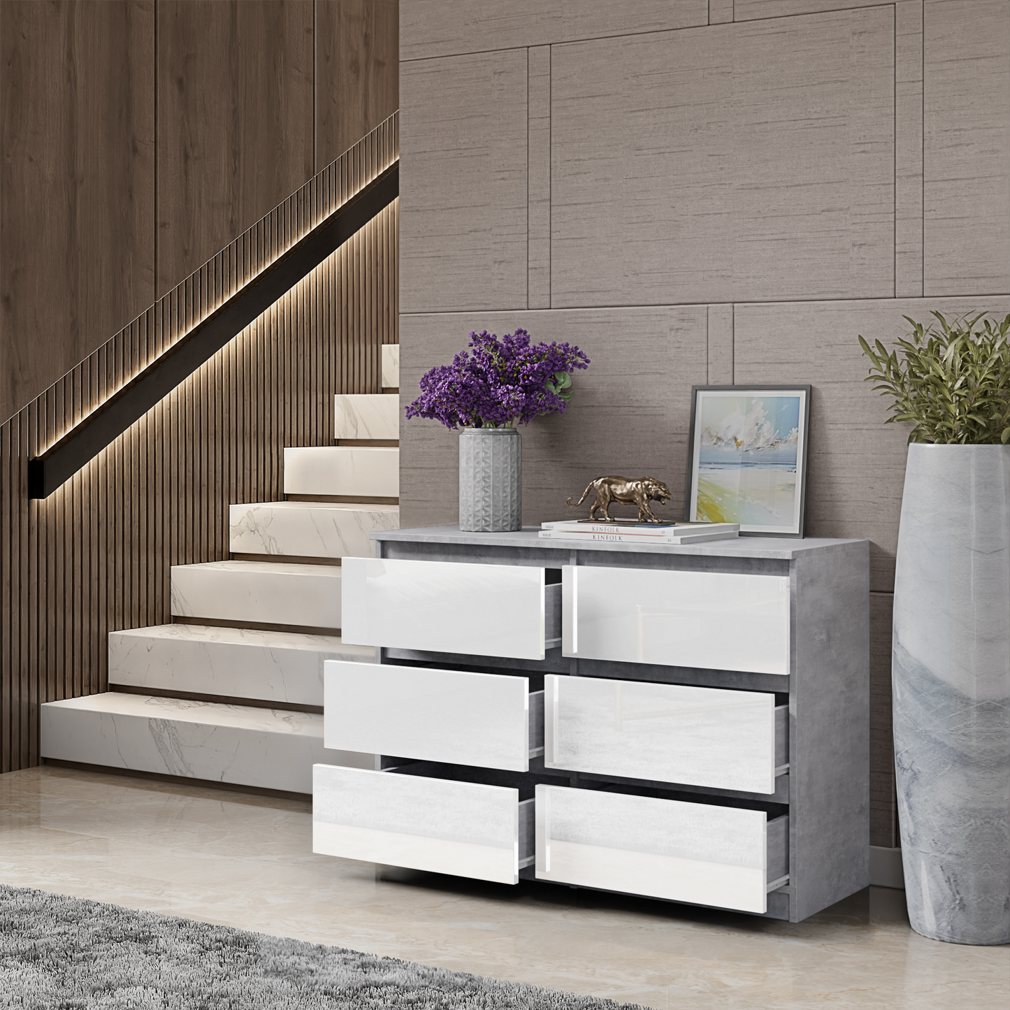 GABRIEL - Kommode / Sideboard mit 6 Schubladen - Beton-Optik / Weiß Gloss