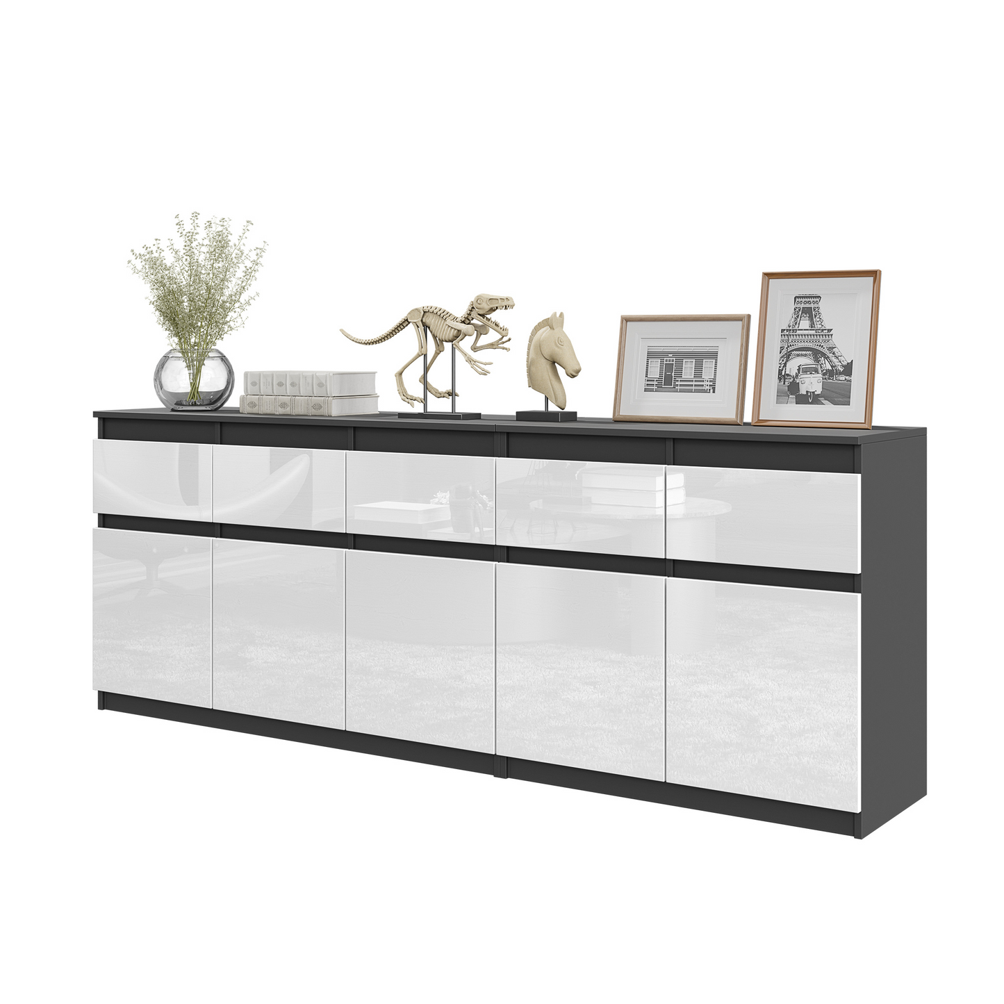 NOAH - Kommode / Sideboard mit 5 Schubladen und 5 Türen - Anthrazit Grau / Weiß Gloss