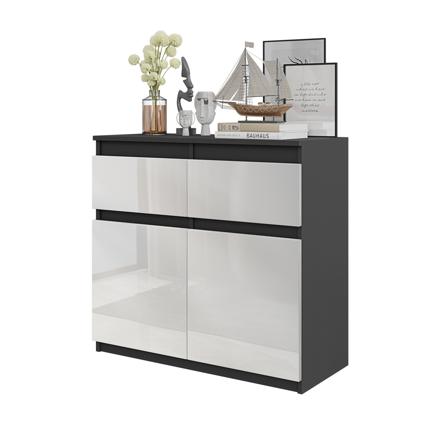 NOAH - Kommode / Sideboard mit 2 Schubladen und 2 Türen - Anthrazit Grau / Weiß Gloss