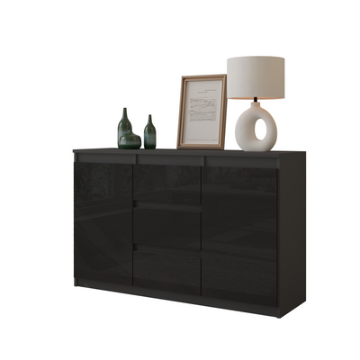 MIKEL - Kommode / Sideboard mit 3 Schubladen und 2 Türen - Anthrazit Grau / Schwarz Gloss