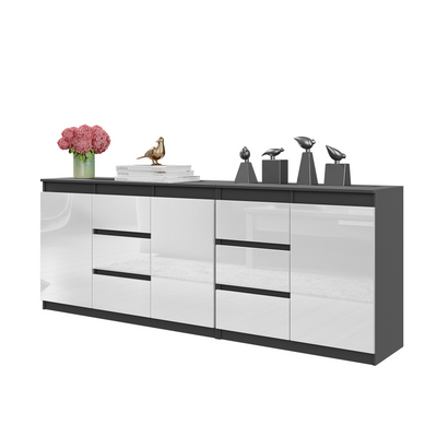 MIKEL - Kommode / Sideboard mit 6 Schubladen und 3 Türen - Anthrazit Grau / Weiß Gloss