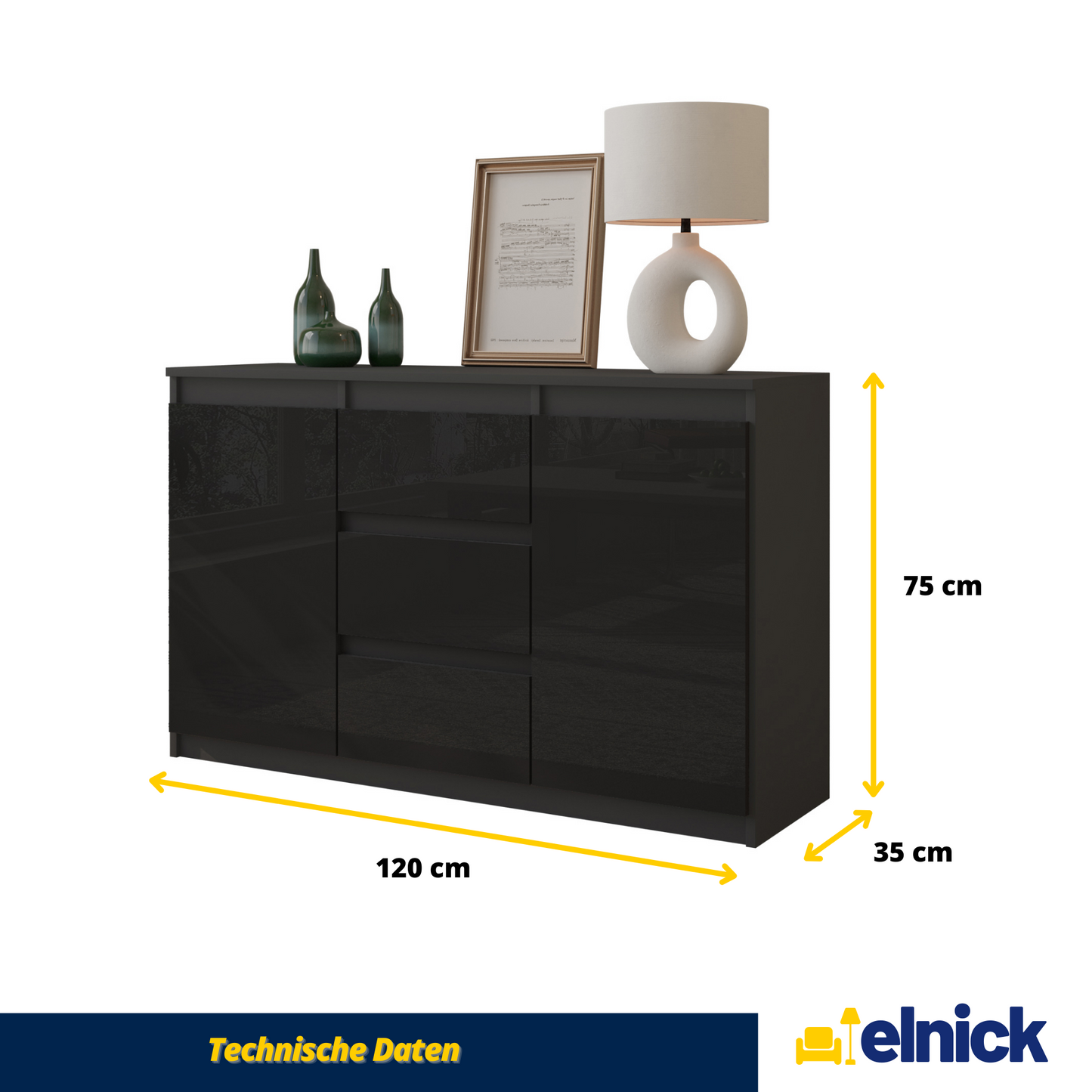 MIKEL - Kommode / Sideboard mit 3 Schubladen und 2 Türen - Anthrazit Grau / Schwarz Gloss