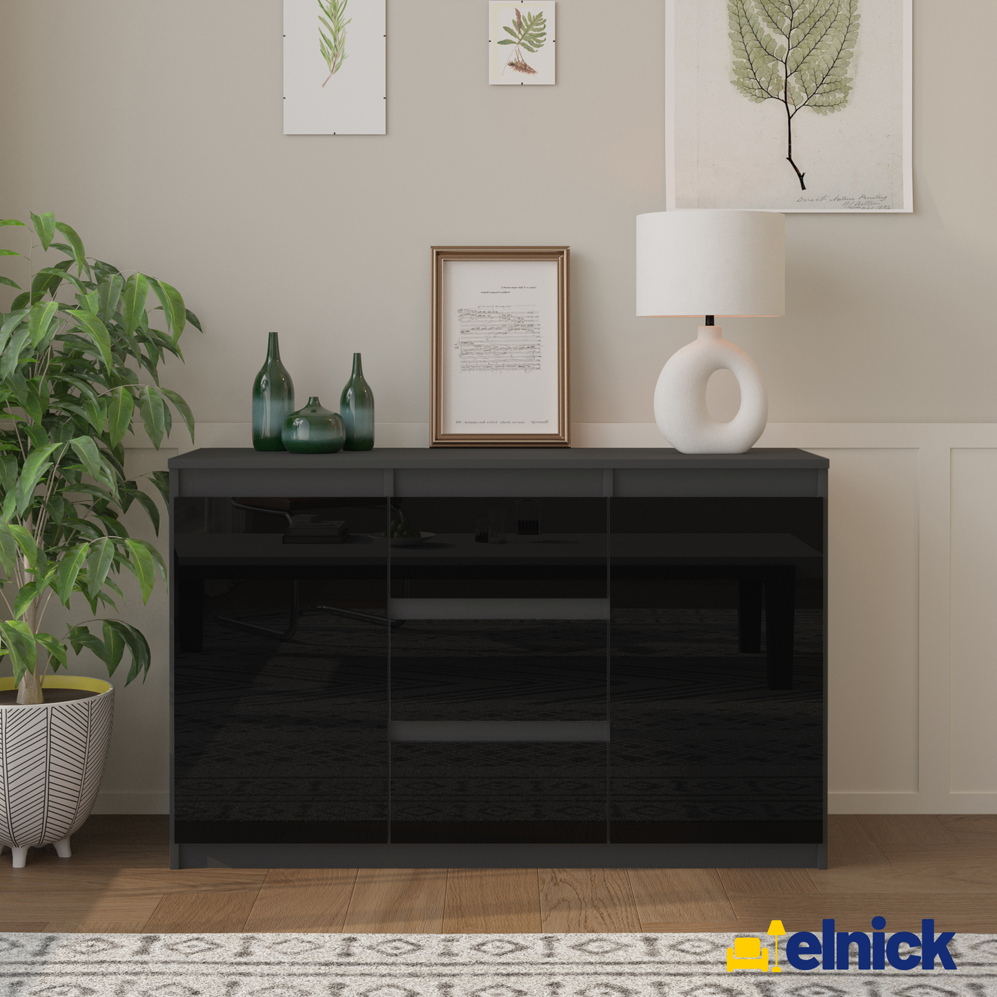 MIKEL - Kommode / Sideboard mit 3 Schubladen und 2 Türen - Anthrazit Grau / Schwarz Gloss