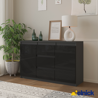 MIKEL - Kommode / Sideboard mit 3 Schubladen und 2 Türen - Anthrazit Grau / Schwarz Gloss