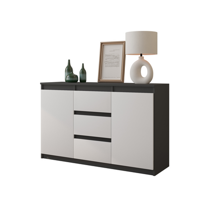 MIKEL - Kommode / Sideboard mit 3 Schubladen und 2 Türen - Anthrazit Grau / Weiß Matt