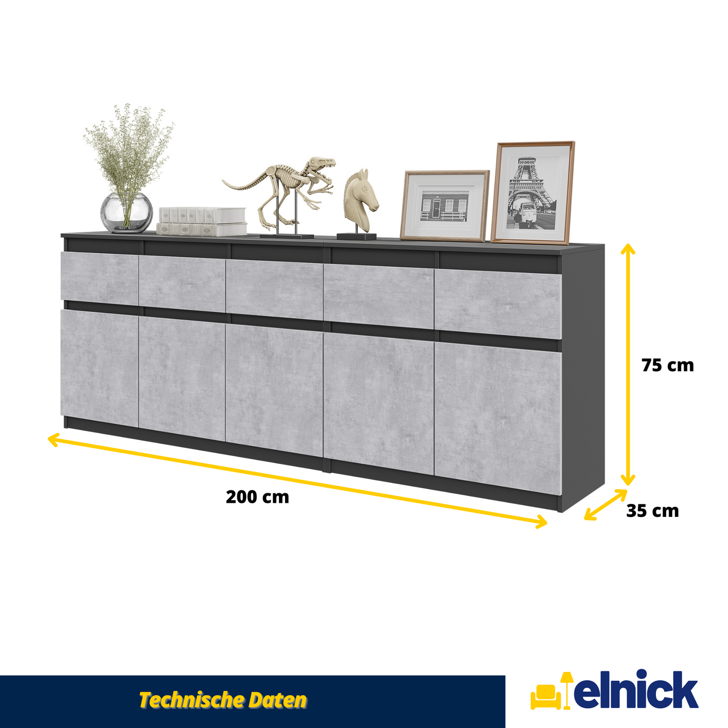 NOAH - Kommode / Sideboard mit 5 Schubladen und 5 Türen - Anthrazit Grau / Beton-Optik