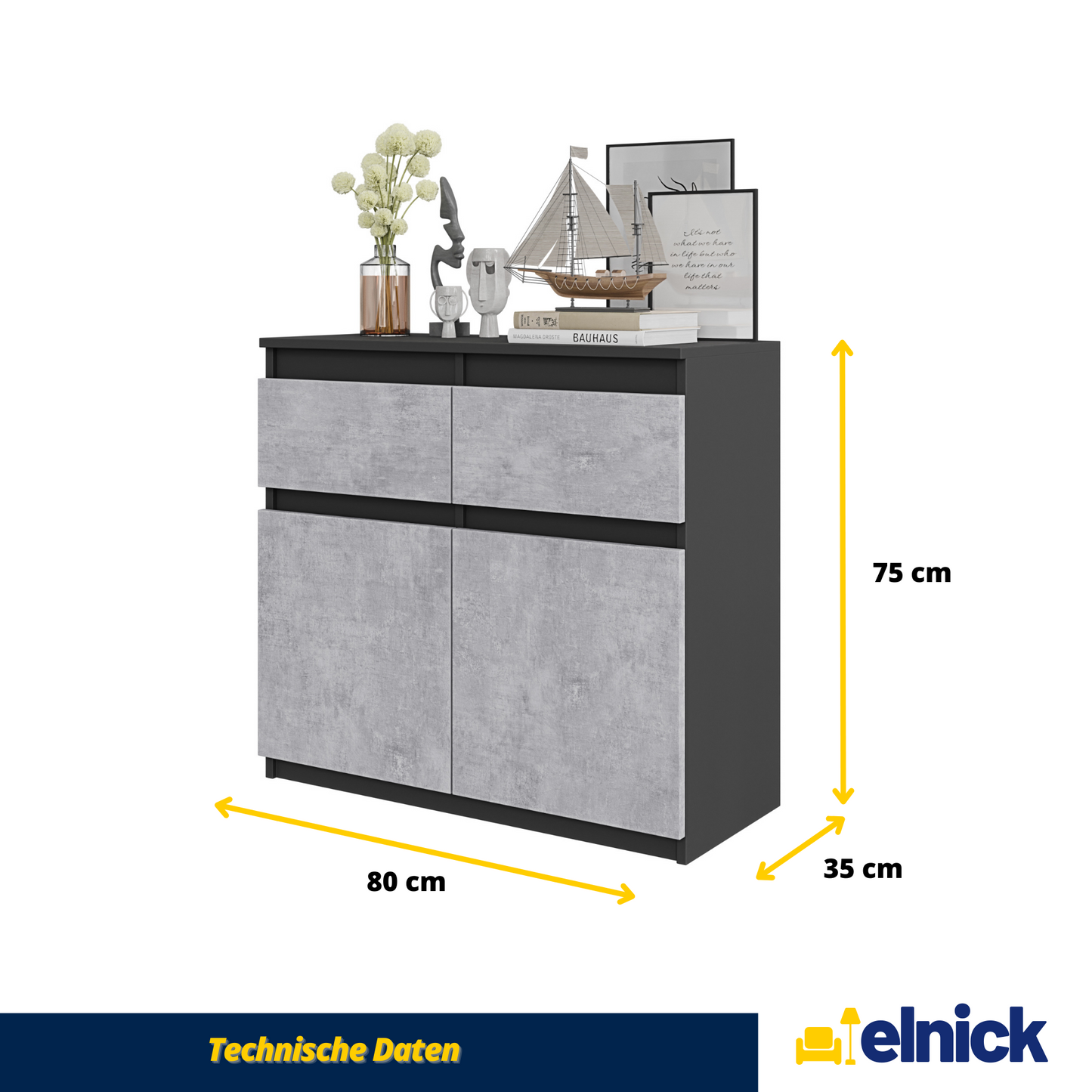 NOAH - Kommode / Sideboard mit 2 Schubladen und 2 Türen - Anthrazit Grau / Beton-Optik