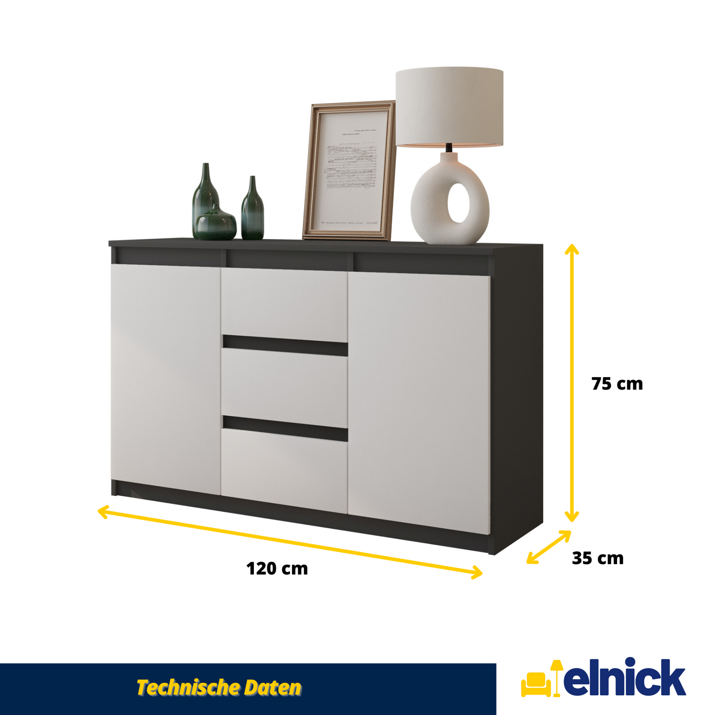 MIKEL - Kommode / Sideboard mit 3 Schubladen und 2 Türen - Anthrazit Grau / Weiß Matt