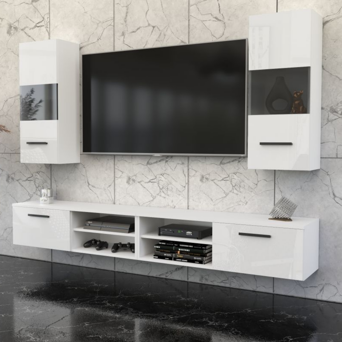 MIRANDA - Wohnwand mit 4 Schränken -  Weiß Matt / Weiß Gloss 240cm