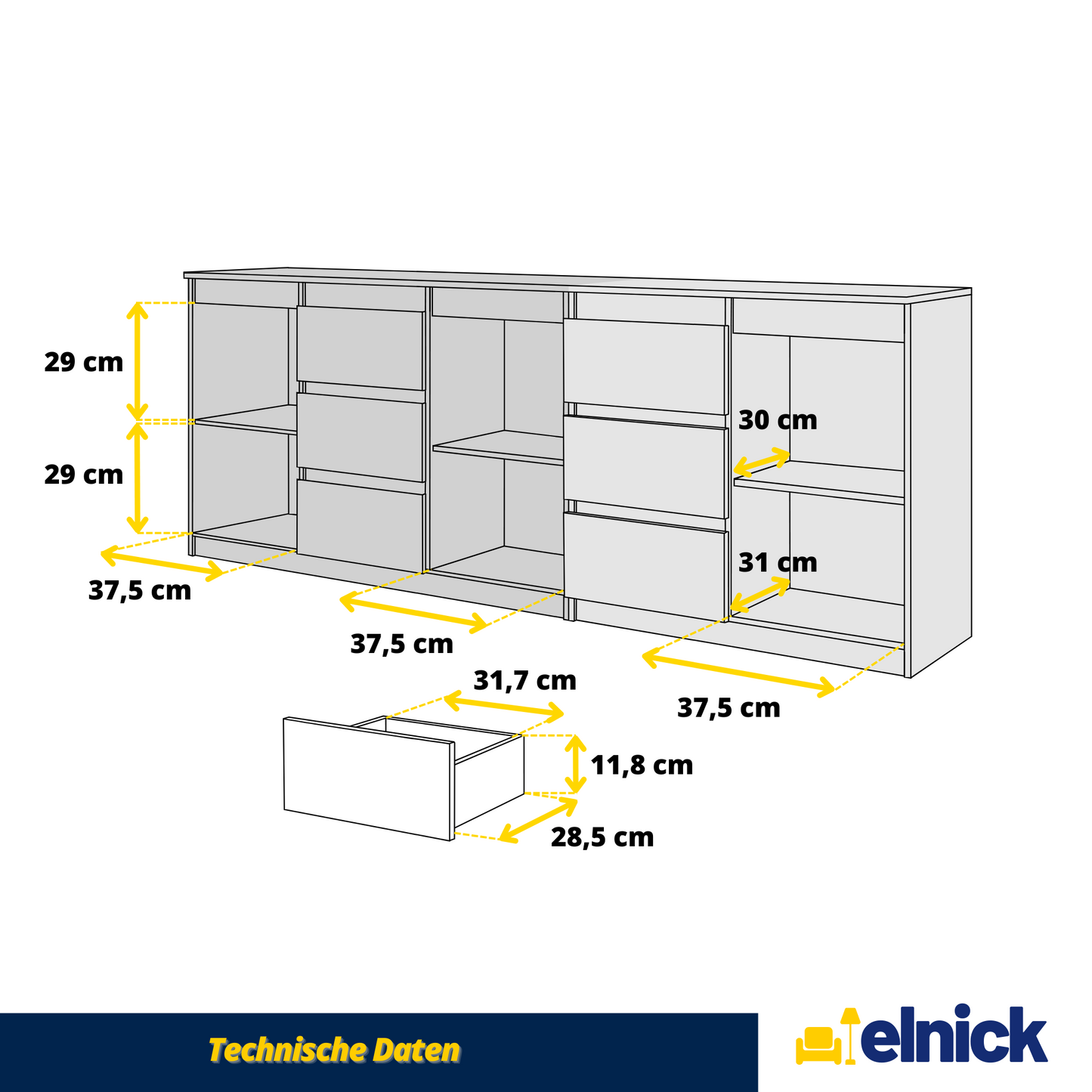 MIKEL - Kommode / Sideboard mit 6 Schubladen und 3 Türen - Weiß Matt / Wotan Eiche