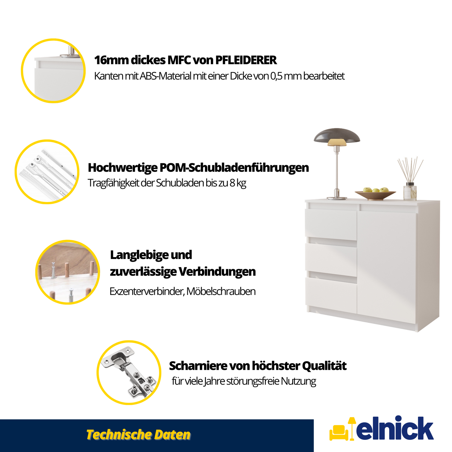MIKEL - Kommode / Sideboard mit 3 Schubladen und 1 Tür - Wotan Eiche / Weiß Gloss