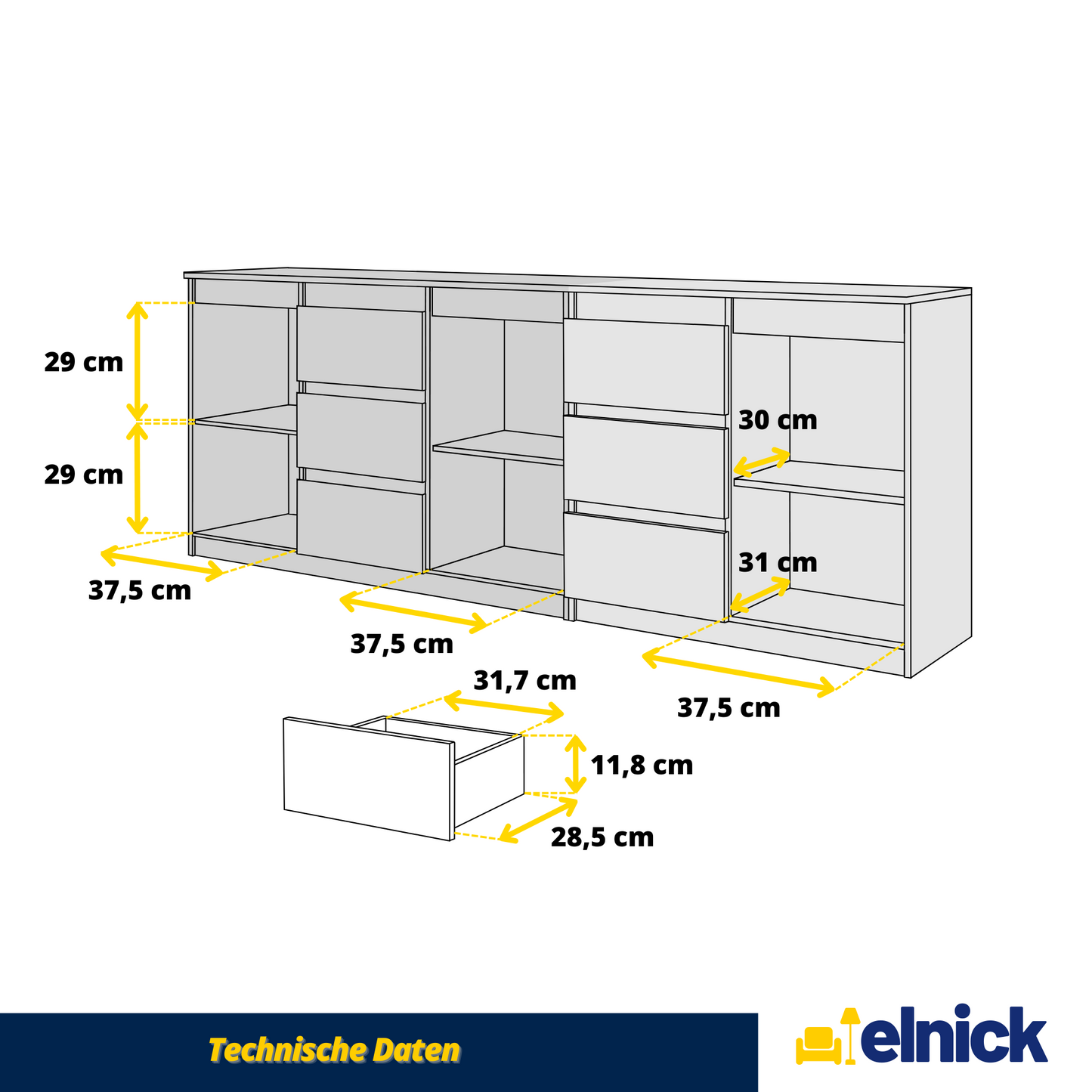MIKEL - Kommode / Sideboard mit 6 Schubladen und 3 Türen - Beton-Optik / Anthrazit Grau