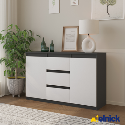 MIKEL - Kommode / Sideboard mit 3 Schubladen und 2 Türen - Anthrazit Grau / Weiß Matt