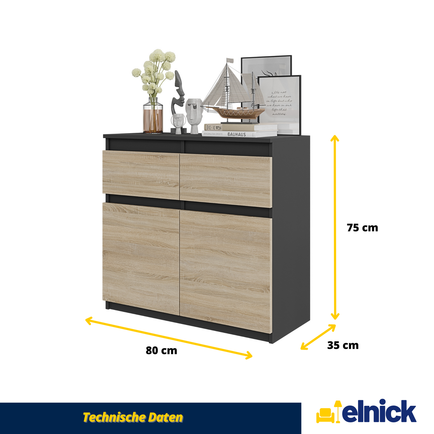 NOAH - Kommode / Sideboard mit 2 Schubladen und 2 Türen - Anthrazit Grau / Sonoma Eiche