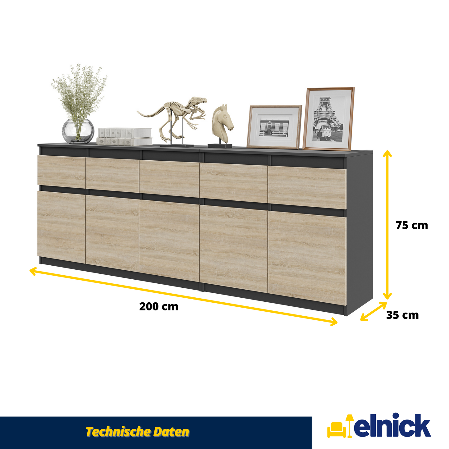 NOAH - Kommode / Sideboard mit 5 Schubladen und 5 Türen - Anthrazit Grau / Sonoma Eiche