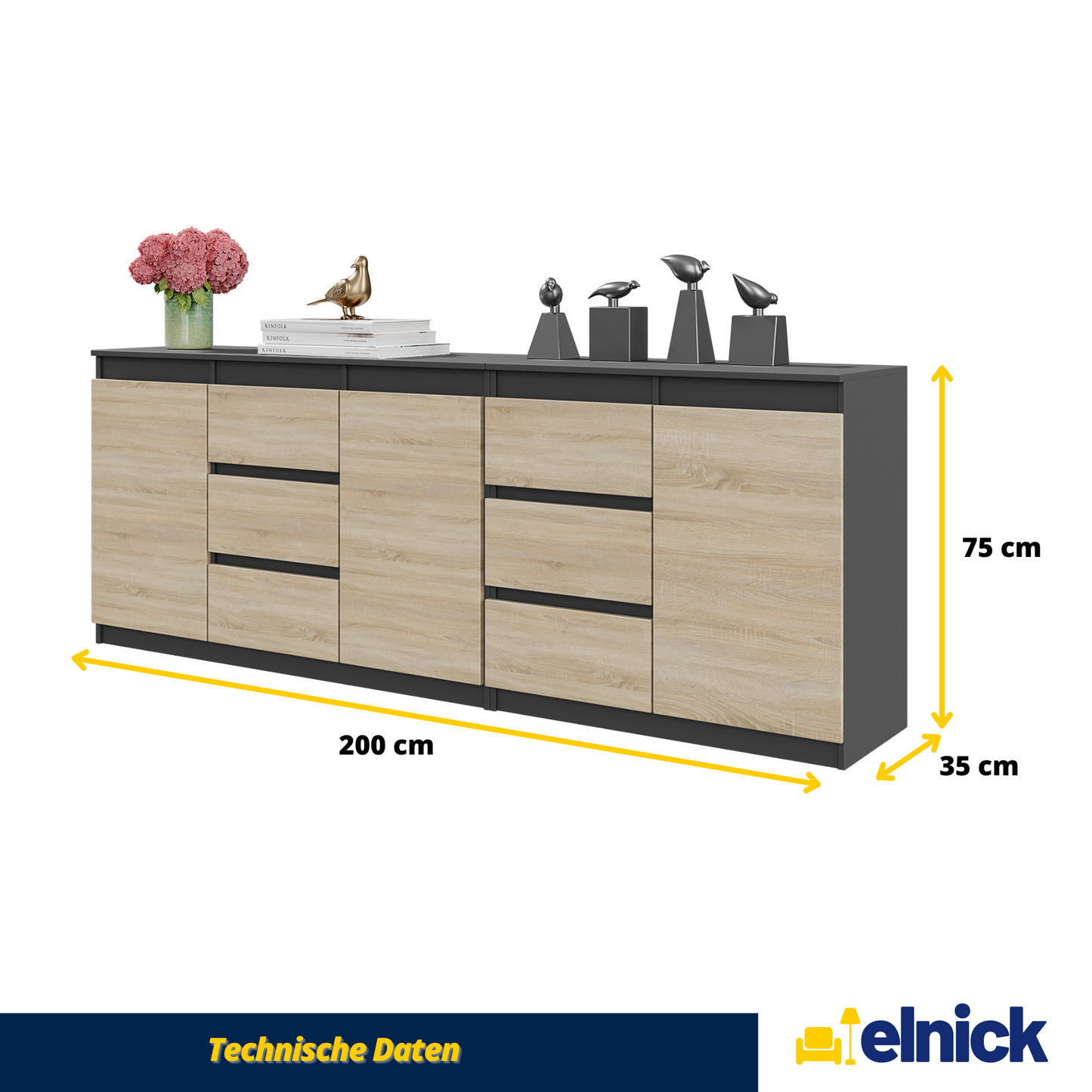 MIKEL - Kommode / Sideboard mit 6 Schubladen und 3 Türen - Anthrazit Grau / Sonoma Eiche
