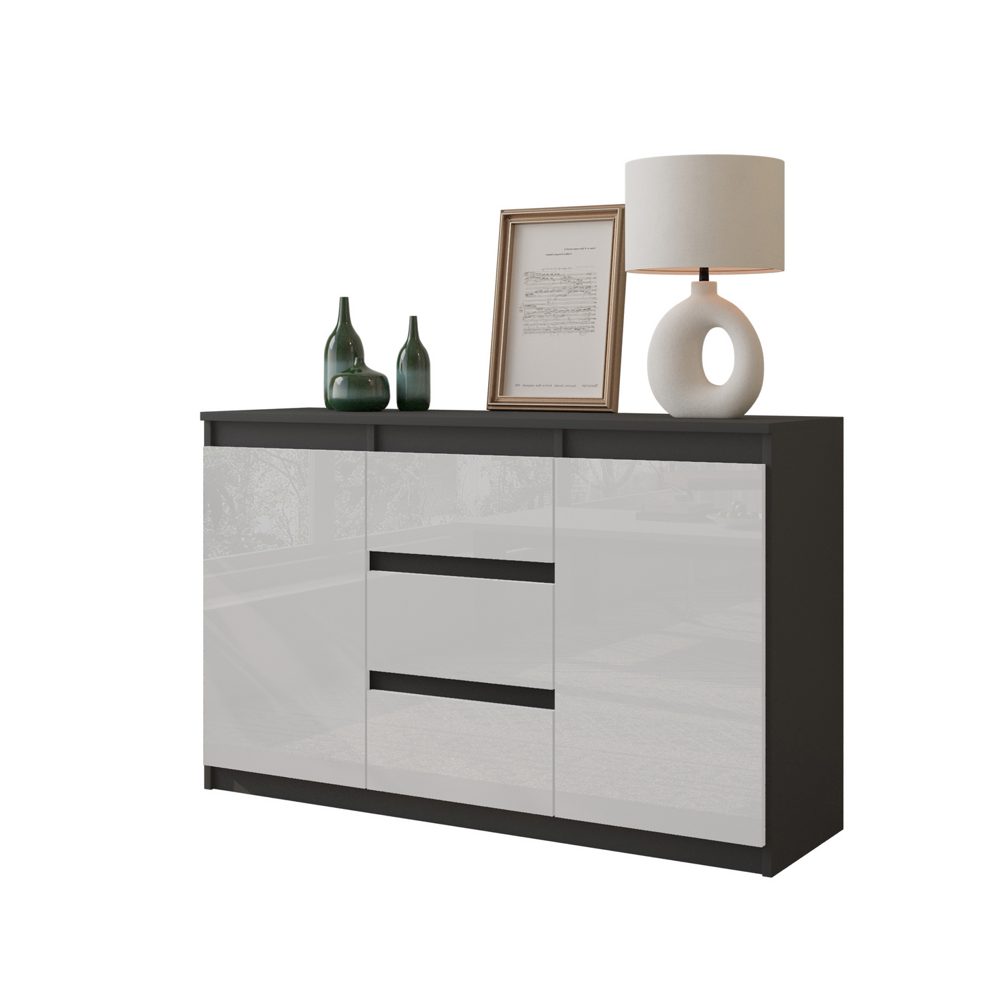 MIKEL - Kommode / Sideboard mit 3 Schubladen und 2 Türen - Anthrazit Grau / Weiß Gloss