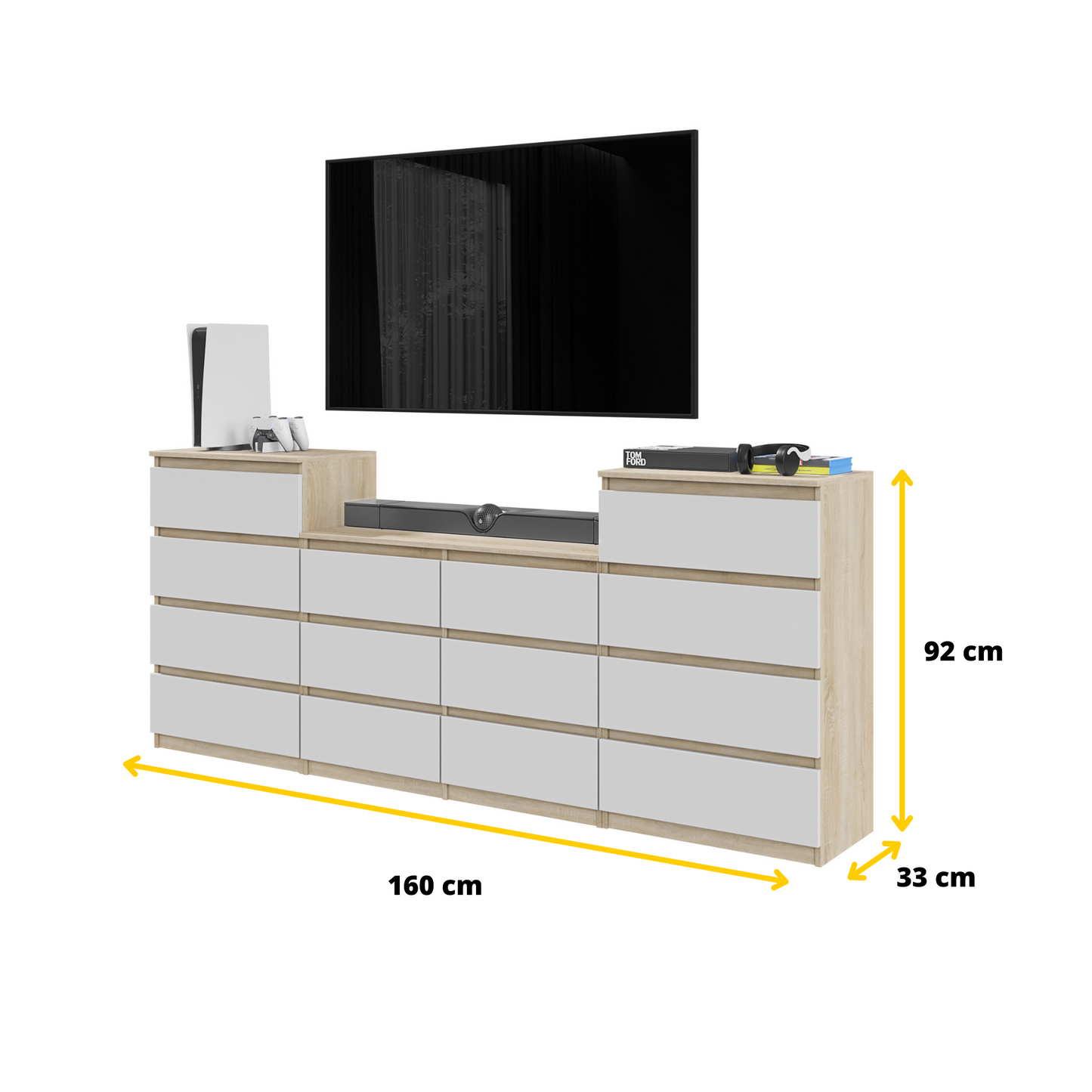 GABRIEL - Kommode / Sideboard mit 14 Schubladen (4+6+4) - Sonoma Eiche / Weiß Matt