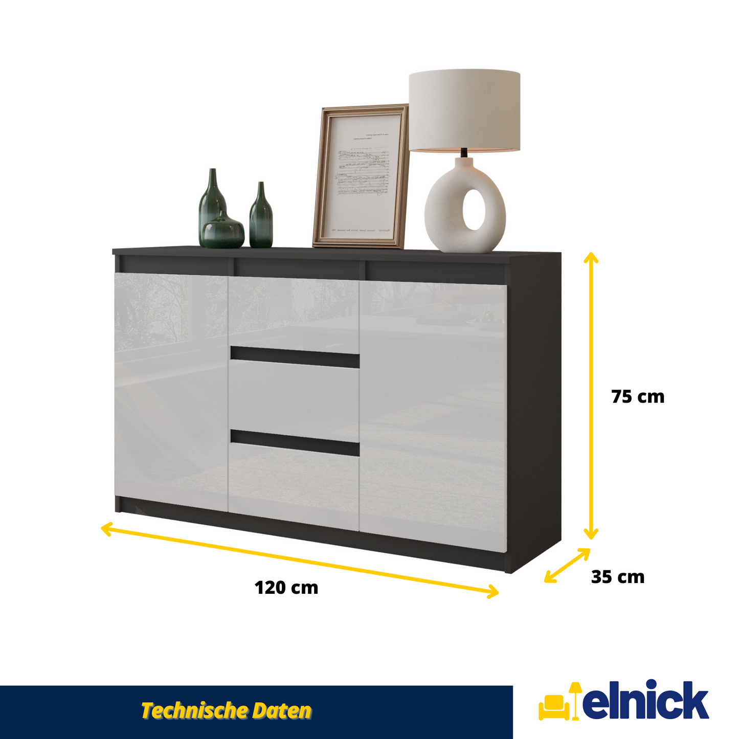 MIKEL - Kommode / Sideboard mit 3 Schubladen und 2 Türen - Anthrazit Grau / Weiß Gloss