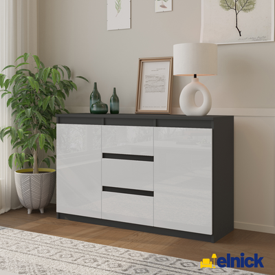 MIKEL - Kommode / Sideboard mit 3 Schubladen und 2 Türen - Anthrazit Grau / Weiß Gloss