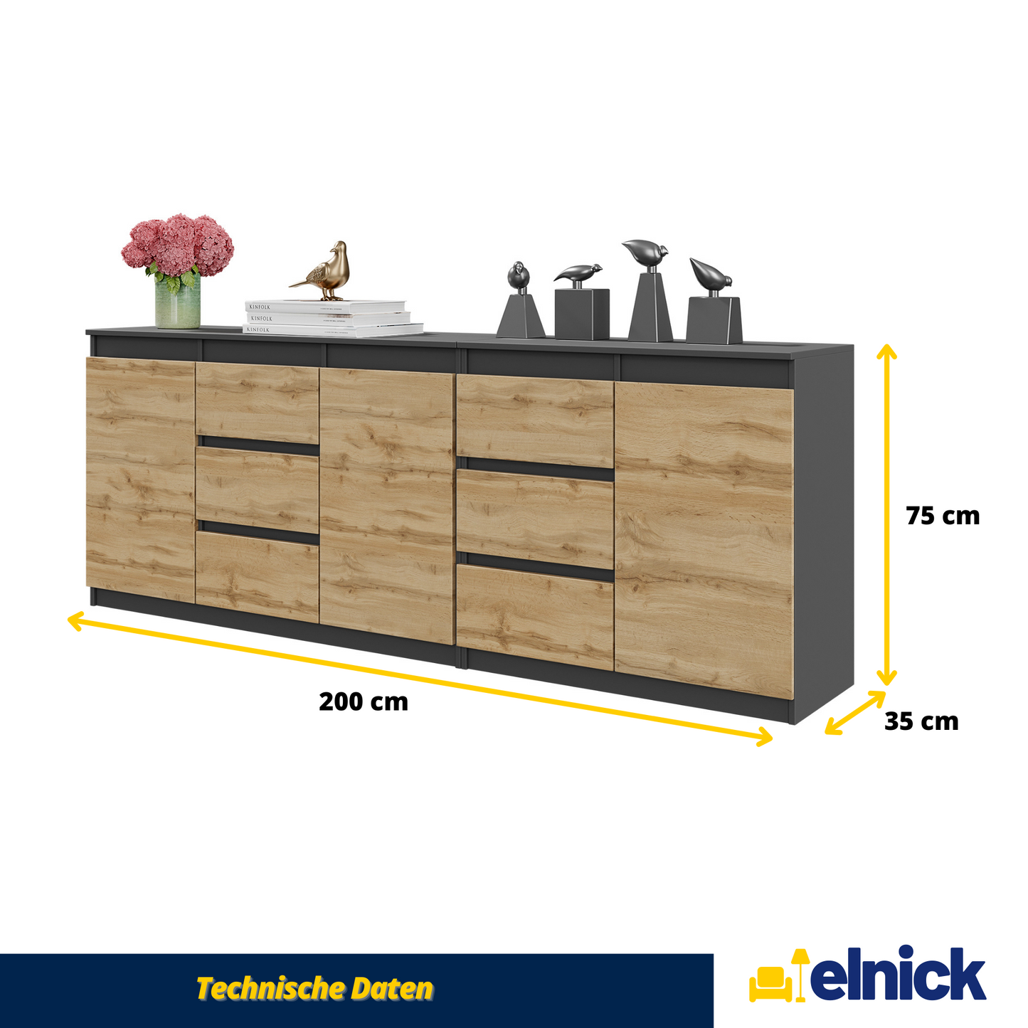 MIKEL - Kommode / Sideboard mit 6 Schubladen und 3 Türen - Anthrazit Grau / Wotan Eiche