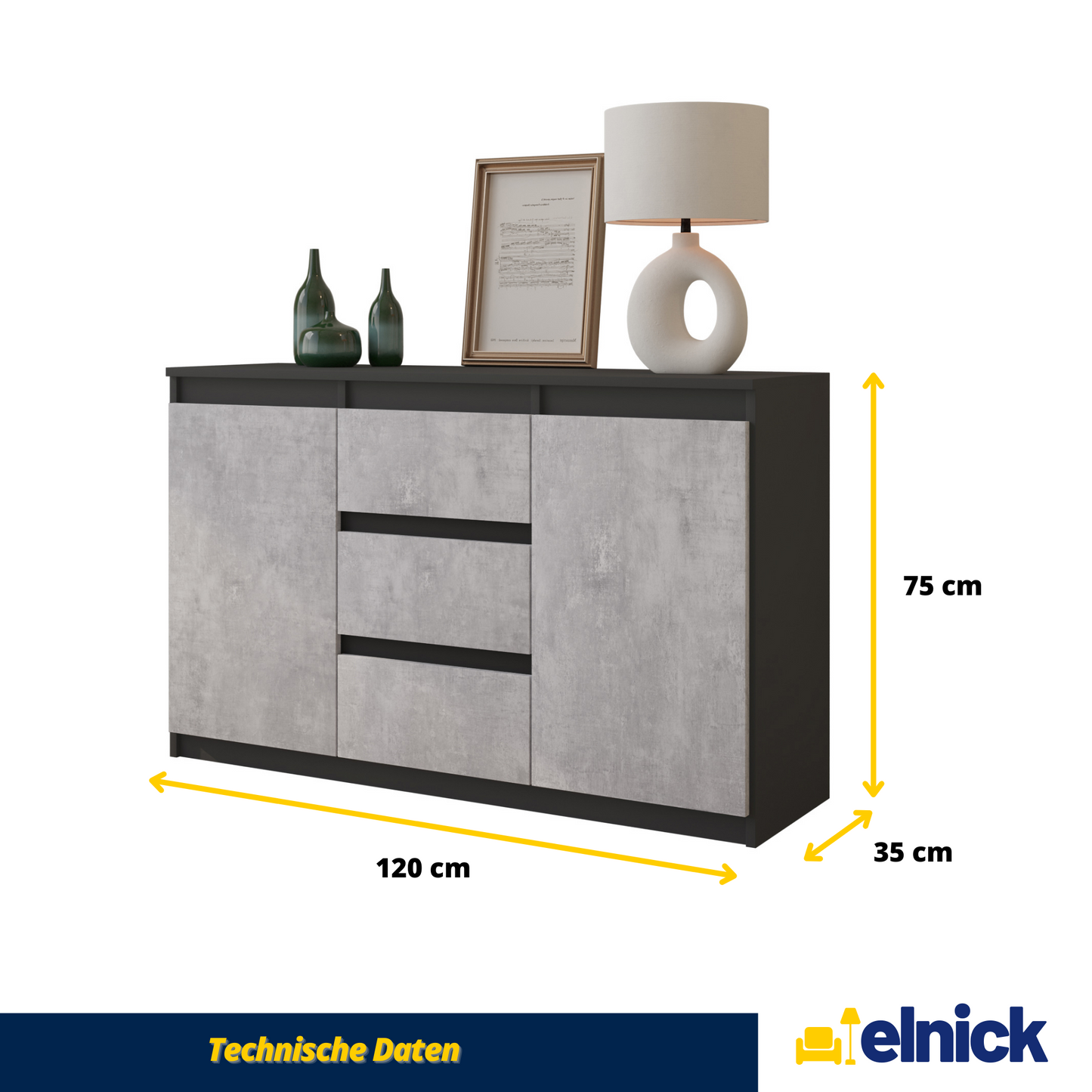 MIKEL - Kommode / Sideboard mit 3 Schubladen und 2 Türen - Anthrazit Grau / Beton-Optik