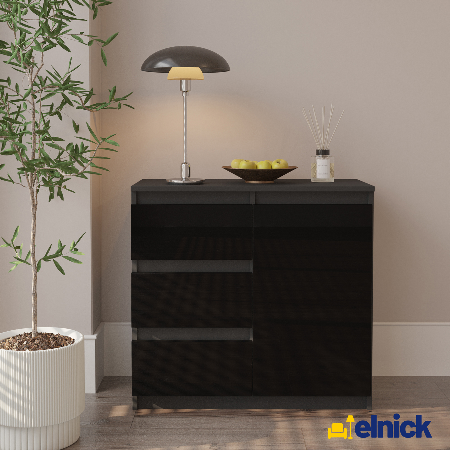 MIKEL - Kommode / Sideboard mit 3 Schubladen und 1 Tür - Anthrazit Grau / Schwarz Gloss