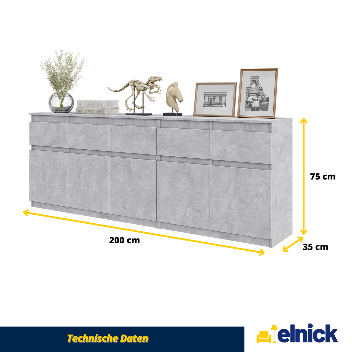 NOAH - Kommode / Sideboard mit 5 Schubladen und 5 Türen - Beton-Optik