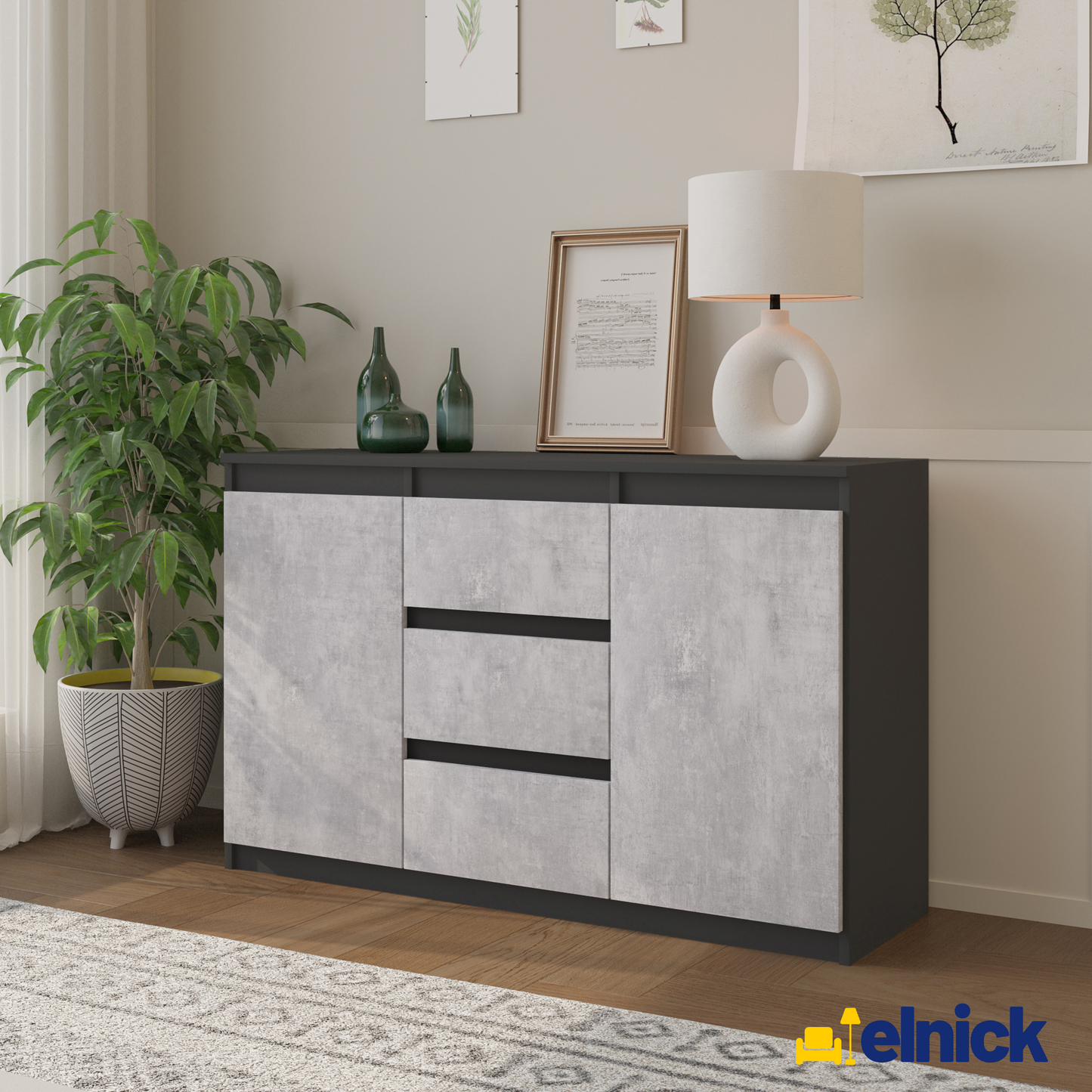 MIKEL - Kommode / Sideboard mit 3 Schubladen und 2 Türen - Anthrazit Grau / Beton-Optik