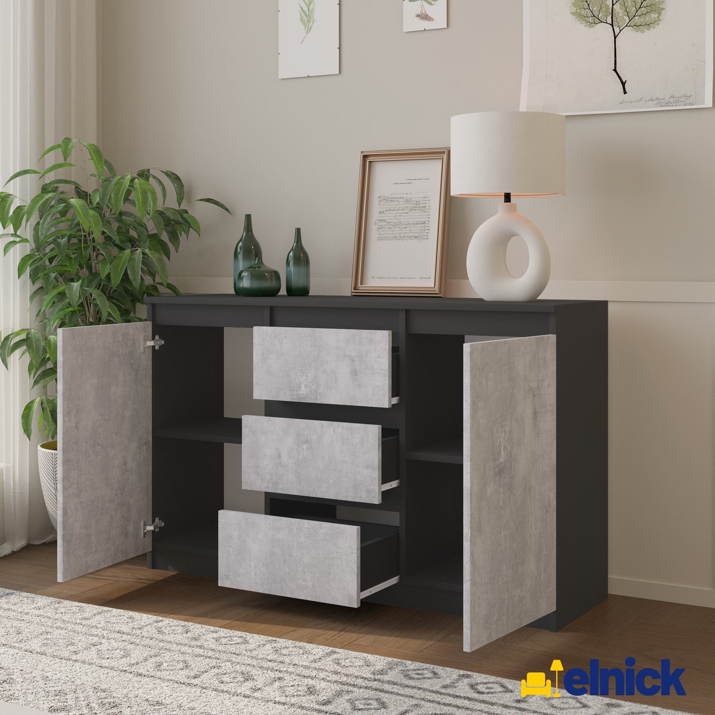 MIKEL - Kommode / Sideboard mit 3 Schubladen und 2 Türen - Anthrazit Grau / Beton-Optik