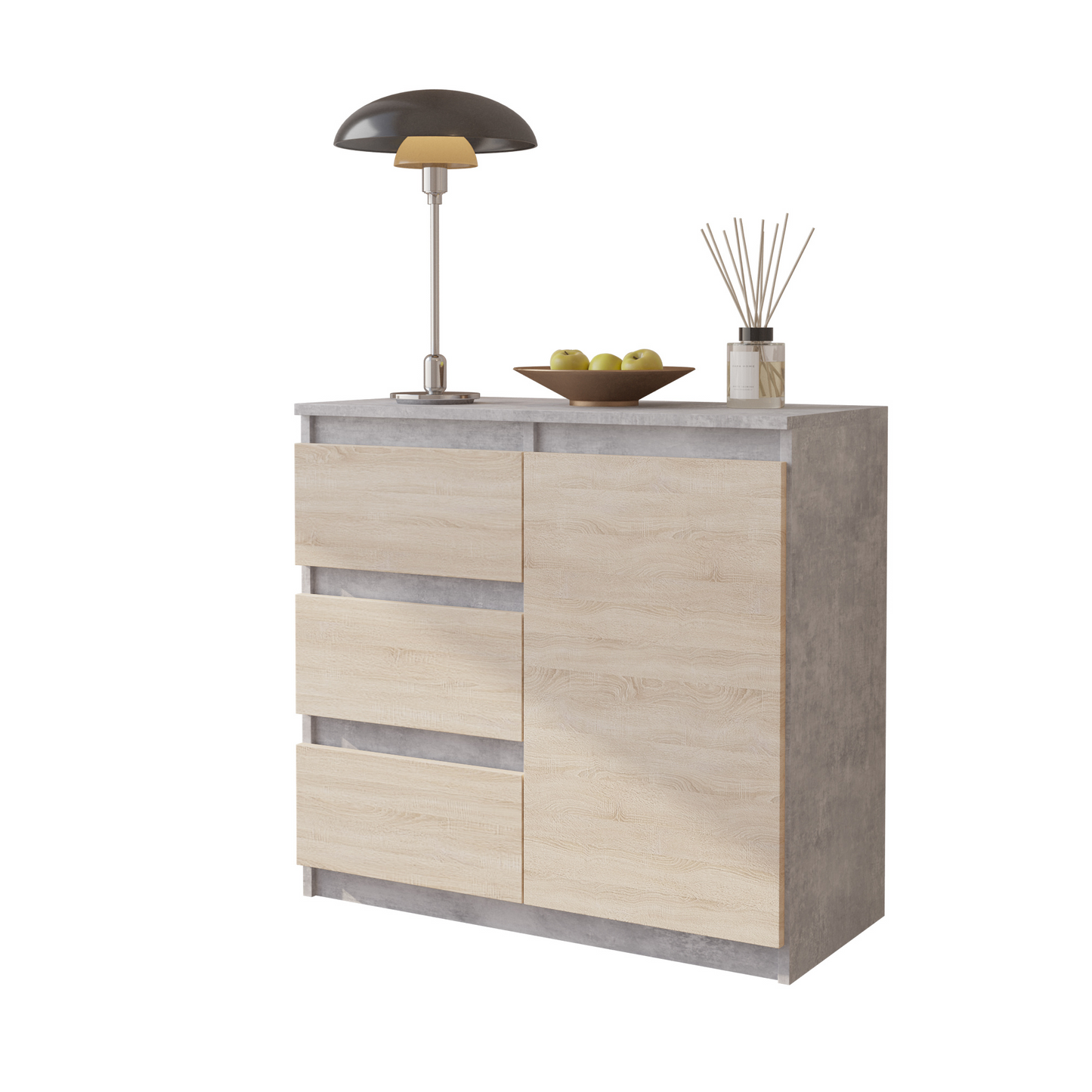 MIKEL - Kommode / Sideboard mit 3 Schubladen und 1 Tür - Beton-Optik / Sonoma Eiche