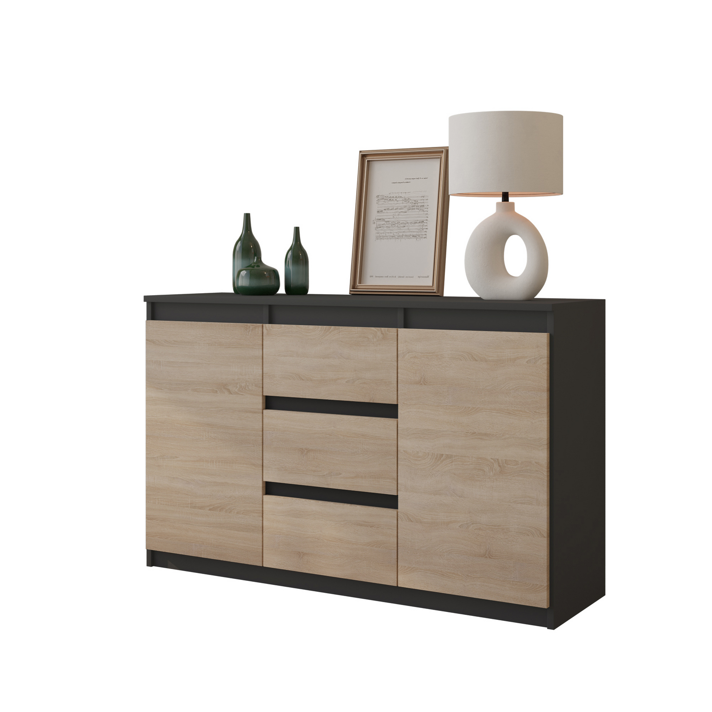 MIKEL - Kommode / Sideboard mit 3 Schubladen und 2 Türen - Anthrazit Grau / Sonoma Eiche