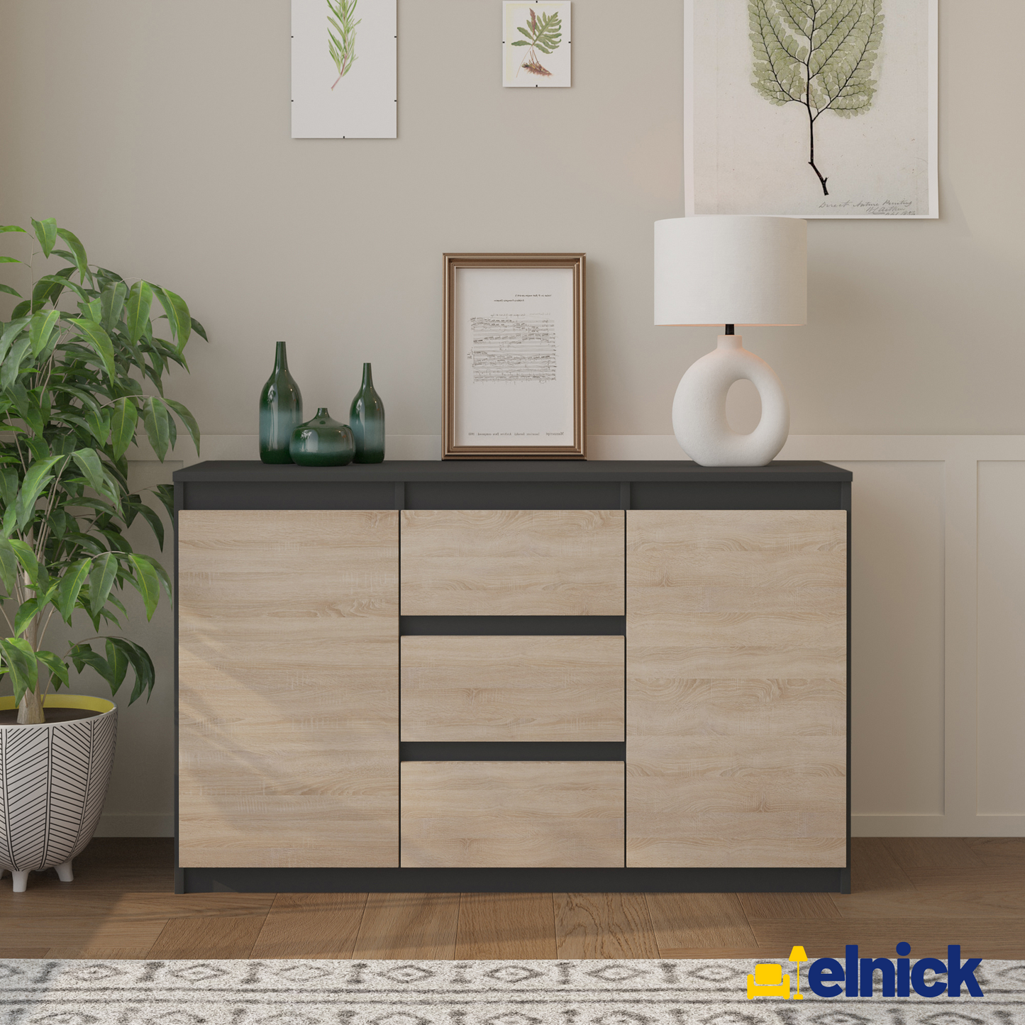 MIKEL - Kommode / Sideboard mit 3 Schubladen und 2 Türen - Anthrazit Grau / Sonoma Eiche