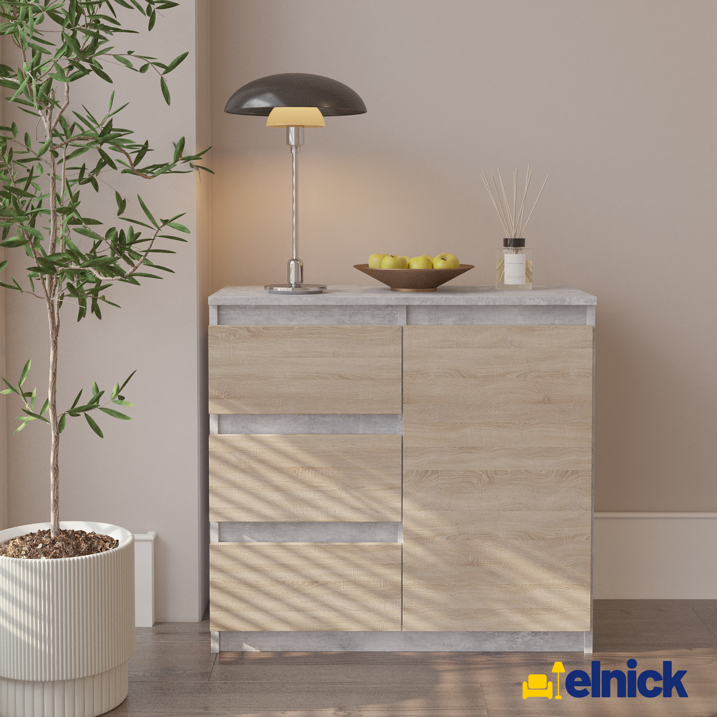 MIKEL - Kommode / Sideboard mit 3 Schubladen und 1 Tür - Beton-Optik / Sonoma Eiche