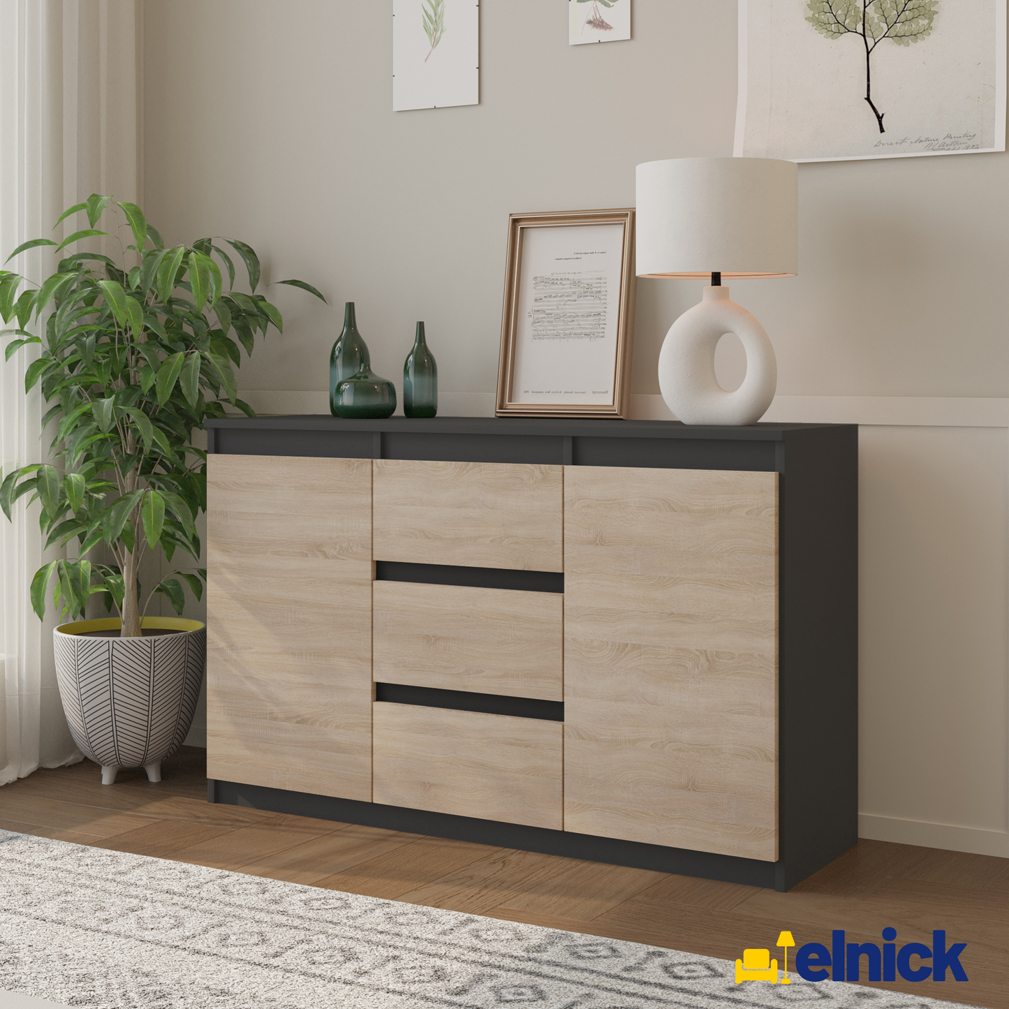 MIKEL - Kommode / Sideboard mit 3 Schubladen und 2 Türen - Anthrazit Grau / Sonoma Eiche