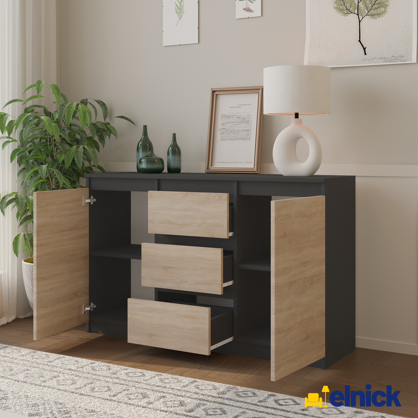 MIKEL - Kommode / Sideboard mit 3 Schubladen und 2 Türen - Anthrazit Grau / Sonoma Eiche