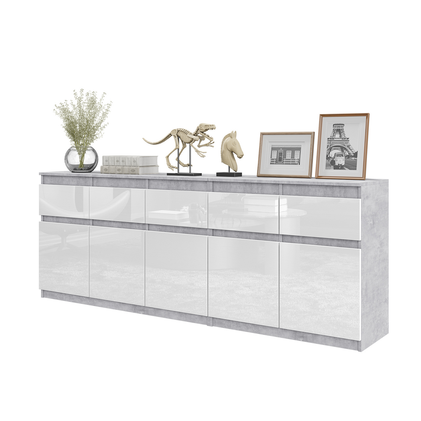 NOAH - Kommode / Sideboard mit 5 Schubladen und 5 Türen - Beton-Optik / Weiß Gloss