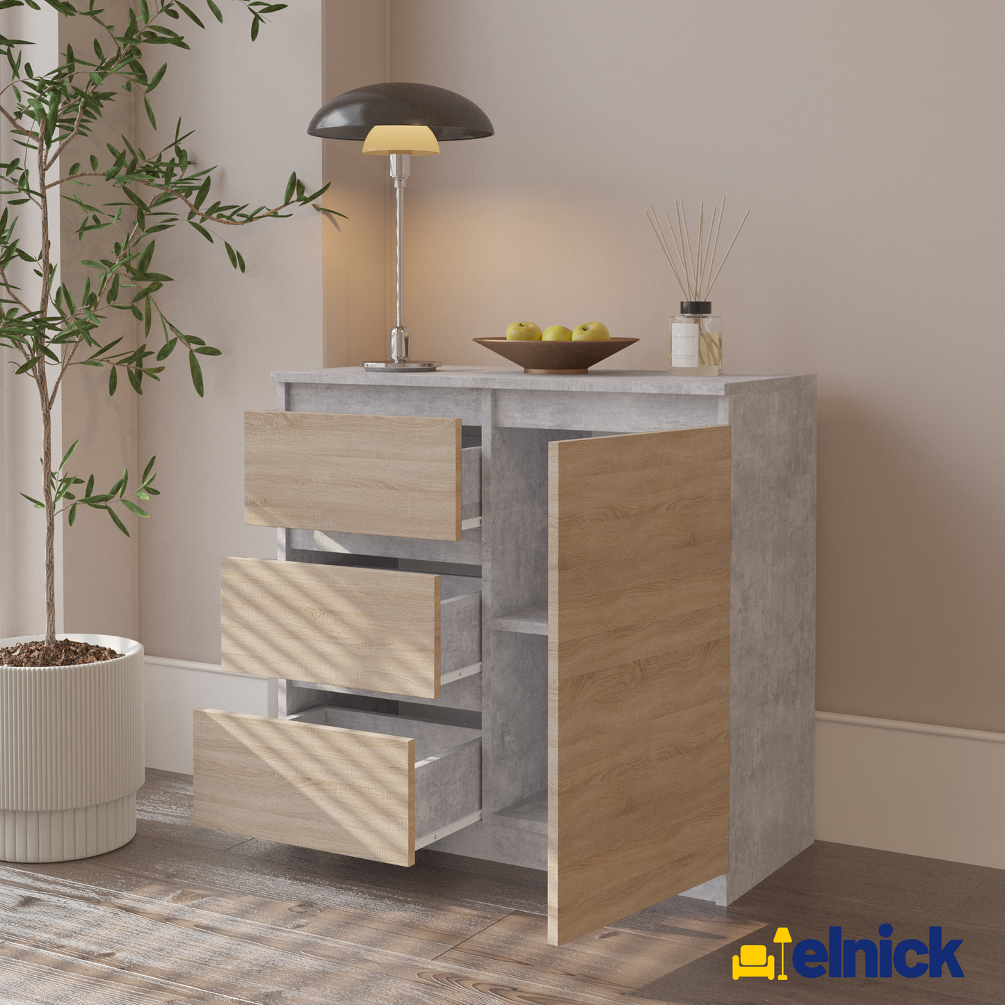 MIKEL - Kommode / Sideboard mit 3 Schubladen und 1 Tür - Beton-Optik / Sonoma Eiche