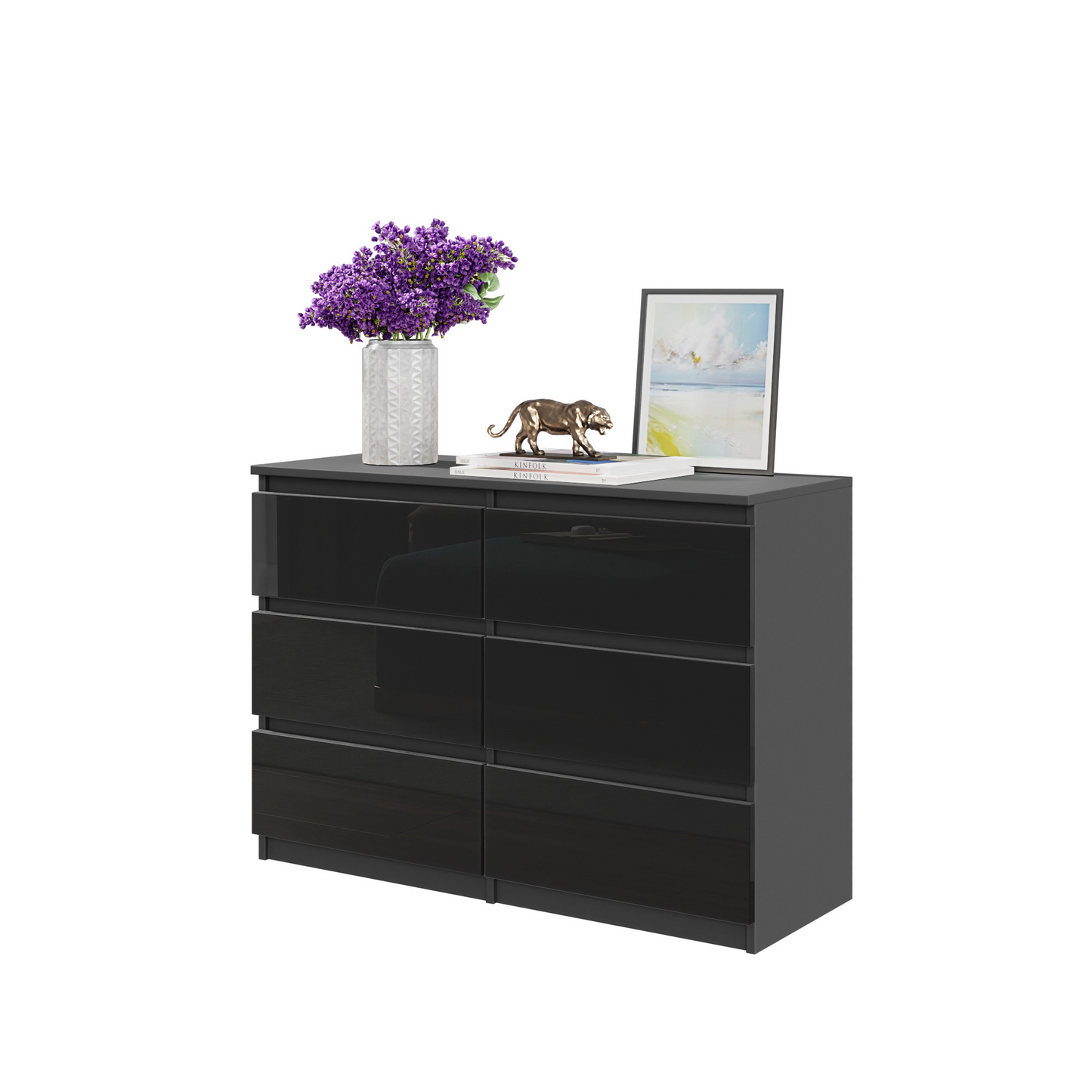 GABRIEL - Kommode / Sideboard mit 6 Schubladen - Anthrazit / Schwarz Glanz H71cm B100cm T33cm