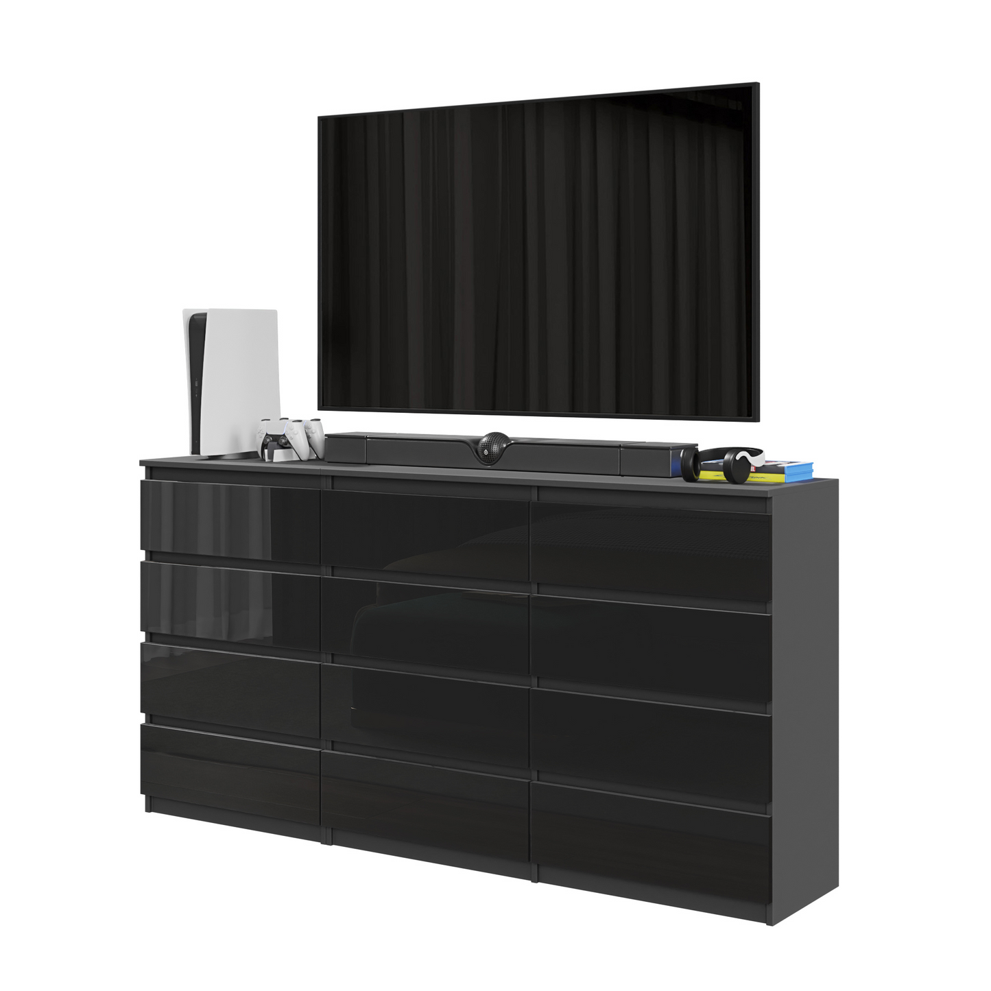 GABRIEL - Kommode / Sideboard mit 12 Schubladen (8+4) - Anthrazit / Schwarz Gloss