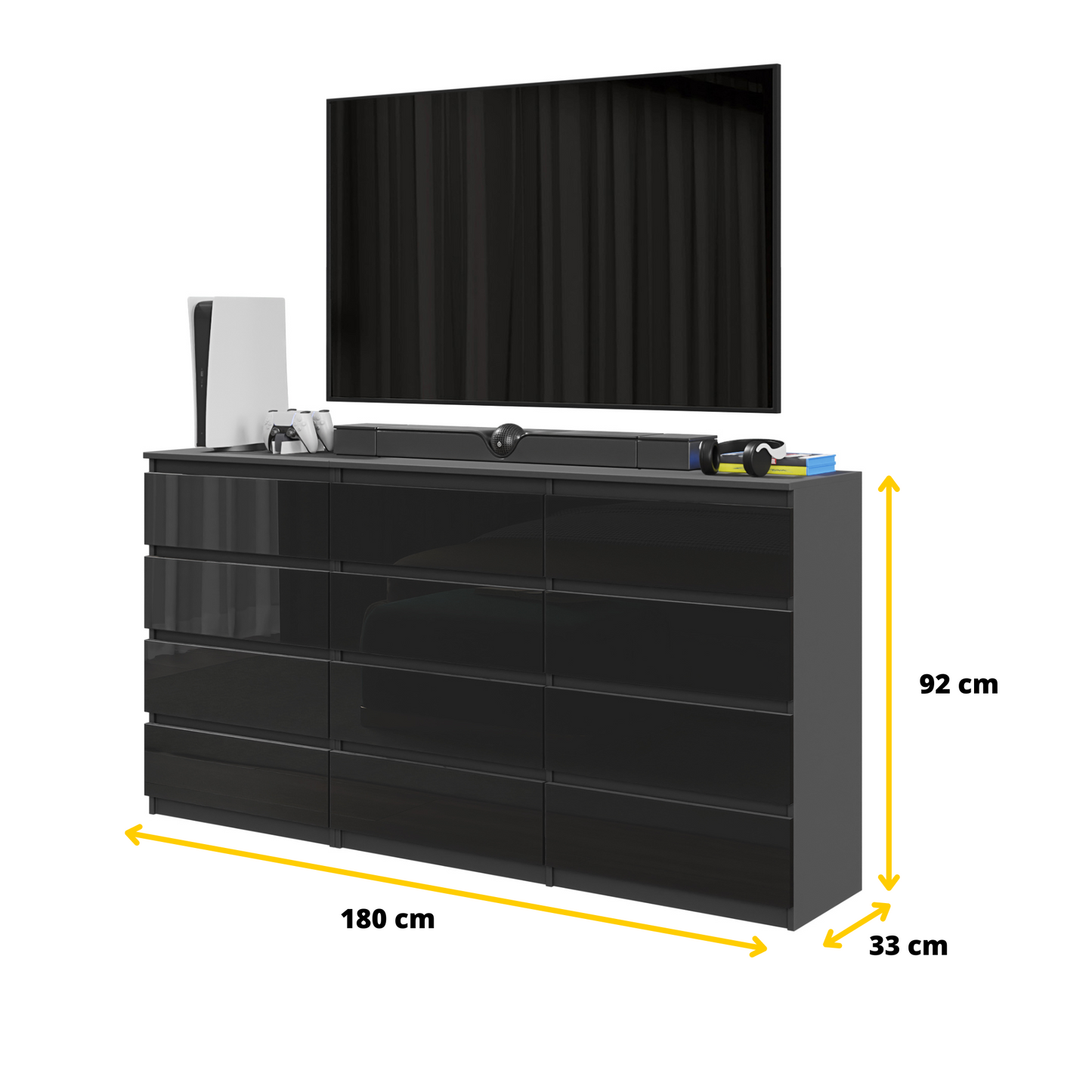 GABRIEL - Kommode / Sideboard mit 12 Schubladen (8+4) - Anthrazit / Schwarz Gloss