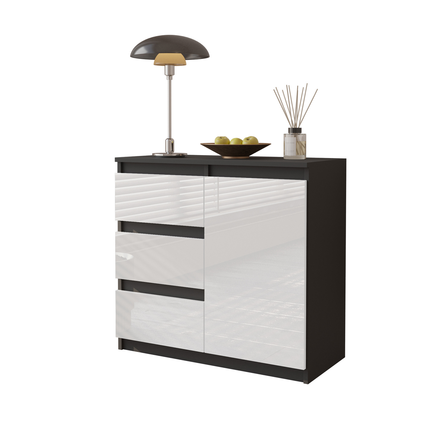 MIKEL - Kommode / Sideboard mit 3 Schubladen und 1 Tür - Anthrazit Grau / Weiß Gloss