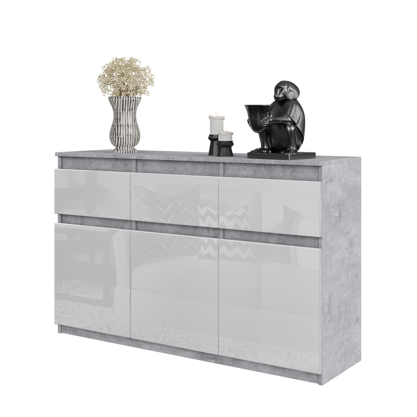 NOAH - Kommode / Sideboard mit 3 Schubladen und 3 Türen - Beton-Optik / Weiß Gloss